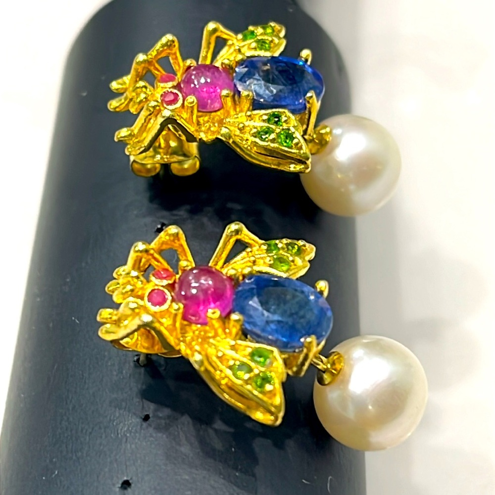 1.5ct Sapphire 0.5ct Ruby Pearl Earrings - Picture 3 of 7
